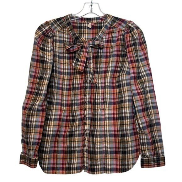Anthropologie Pilcro XS Plaid Buttondown Blouse Long Sleeve Top Neck Tie Western - Picture 7 of 7
